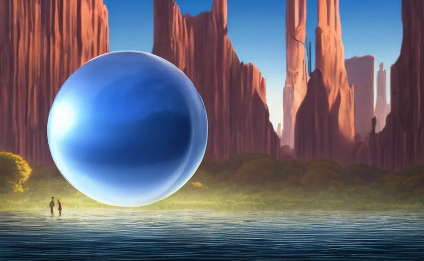 Image similar to a scary hyperrealist painting of new york city inside a giant transparent forcefield crystal ball from howl's moving castle ( 2 0 0 4 ) in a flooded monument valley stonehenge jungle. depth perception, 4 k, artstation, in the style of studio ghibli