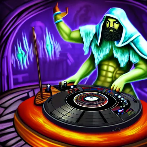 Image similar to fantasy painting of a dj set with turntable in a fantasy dungeon in the style of word of warcraft,