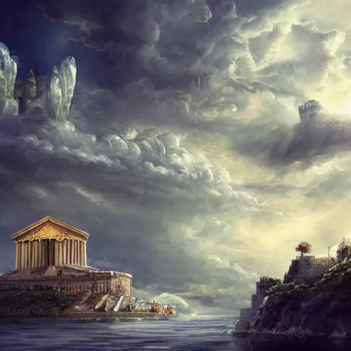 Image similar to a floating pantheon palace in the sky, clouds background, island floating in the sky, epic fantasy style art, fantasy epic digital art