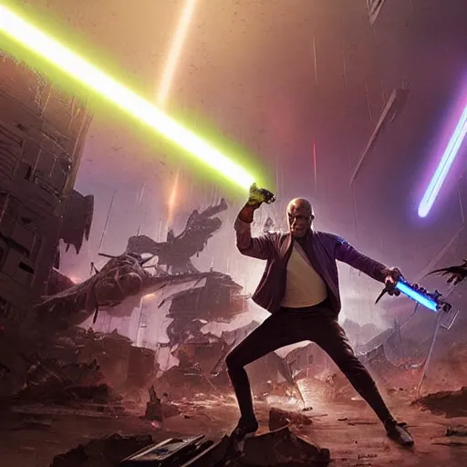 Image similar to mace windu holding a lightsaber fighting a group of dinosaurs in a destroyed cyberpunk city with lasers flying through the air by greg rutkowski