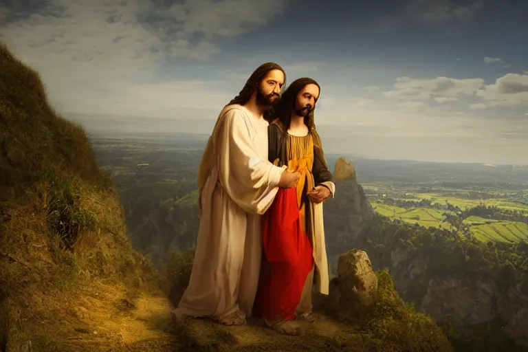 Image similar to a unique digital photo of jesus and mary magdalene standing on a cliff looking over a beautiful landscape in france, rennes - le - chateau, award winning photo, very detailed, very realistic cinematic