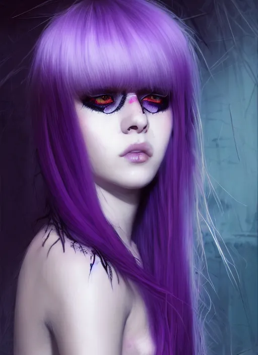 Image similar to hair whitebangs hair, black cyberlox, portrait of normal teenage girl, white bangs, messy bangs, fluffy bangs, cyberlox, whitebangs, red contact lenses, purple background, intricate, elegant, highly detailed, digital painting, artstation, concept art, sharp focus, smooth, illustration, art by wlop, mars ravelo and greg rutkowski