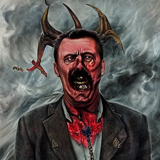 Prompt: igor ivanovich strelkov became an bloody angry degraded satanic hellfire demon and calling for total mobilization, photo - realistic, color image, 2 k, highly detailed, bodyhorror, occult art