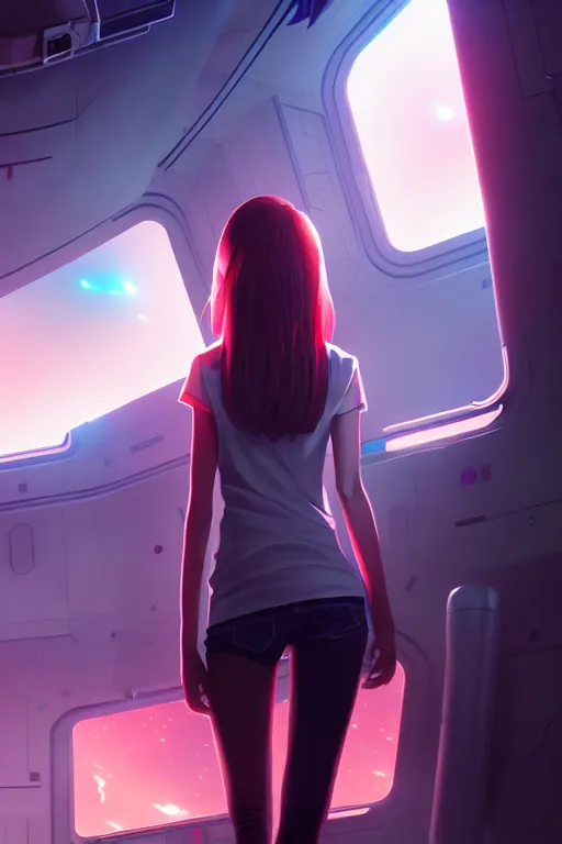 Image similar to a young, slender girl, girl in spaceship, engineering bay, photo realistic, dynamic lighting, artstation, poster, volumetric lighting, 4 k, award winning, a detailed painting by ross tran hyperdetalized, anime | 2 d game art | official art, smooth, cyberpunk, tech