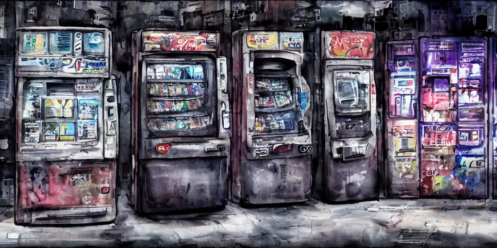 Image similar to dusty city, broken vending machines, Ghost in the Shell, ultrawide watercolor