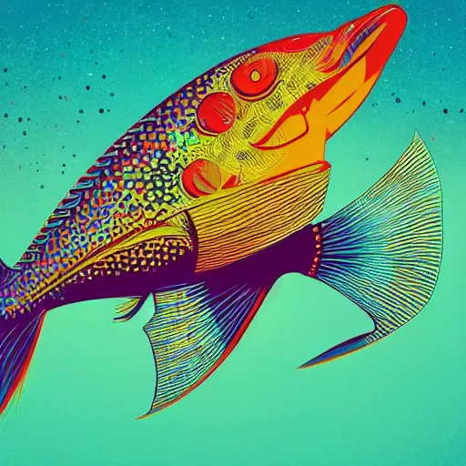 Prompt: one highly stylized fish with saturated colors viewed in profile in the dark ocean filled with complex sparkles and patterns, artstation, intricate, realistic, highly detailed, digital painting, concept art, sharp focus, 1 9 6 0 s, illustration by tom whalen and charles williams and kilian eng and james jean