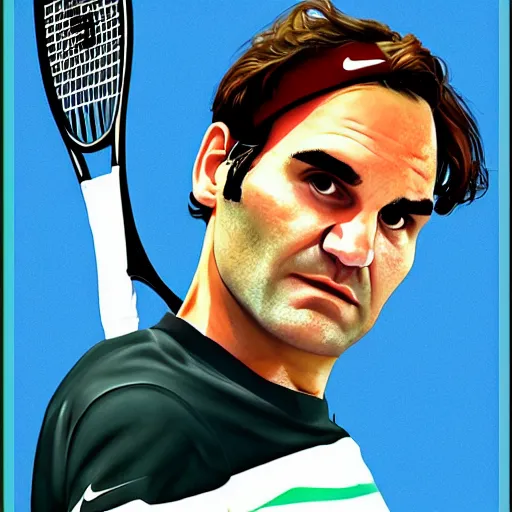 Prompt: Roger Federer, GTA poster, highly detailed