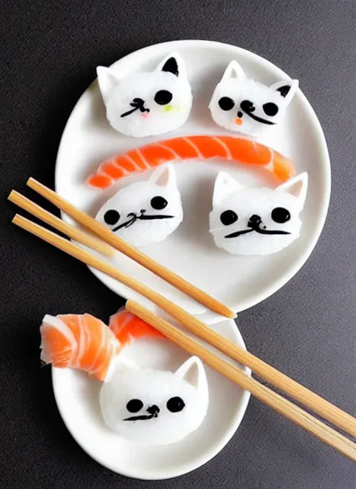 Prompt: clear photorealistic picture of simple cute cats made from sushi rice, arranged on sushi plates with garnish