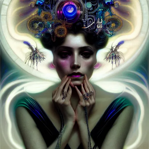 Prompt: extremely psychedelic beautiful cyborg queen of lsd infected by night. intricate, elegant, highly detailed, extremely lifelike photorealistic digital painting, artstation. steichen, gaston bussiere, tom bagshaw, cyberpunk alphonse mucha. elegant minimalism. anatomically correct. sultry. sharp focus. black, white. surreal lush hallucination