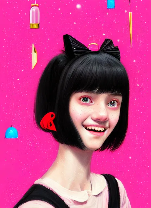 Image similar to portrait of high school girl, realistic, black hair, bangs, half updo hairstyle, pointy nose, skinny, smile, ugly, defined jawline, big chin, pink hair bow, earrings, intricate, elegant, glowing lights, highly detailed, digital painting, artstation, sharp focus, illustration, art by wlop, mars ravelo and greg rutkowski