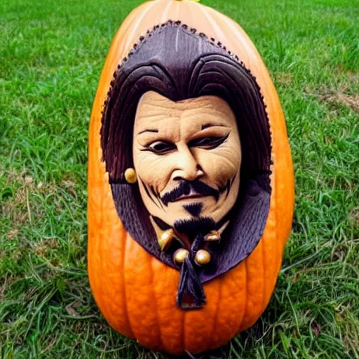 Image similar to gourd carved to look like the face of johnny depp