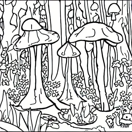 Image similar to an adult coloring page of toadstools in the forest