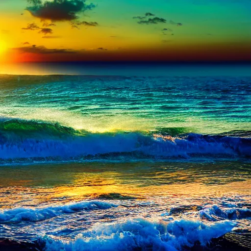 sea sunset with waves, aesthetic, realistic, sunset, 8 | Stable 