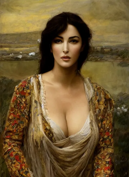 Image similar to a beautiful painting of monica bellucci by felix resurreccion hidalgo, pre-raphaelite, detailed, trending on artstation, hd, masterpiece