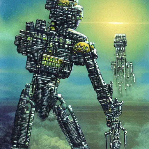 Prompt: the edge of the universe (on film), cybernetic cyborg warrior, by Chris Foss and Tim White