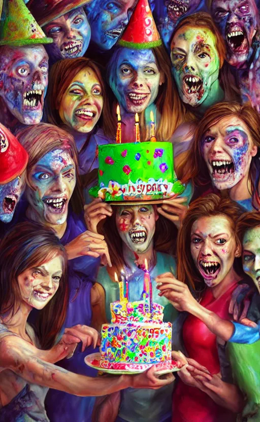 Prompt: beautiful detailed photorealistic painting of a group of friends dressed as zombies, wearing party hats and holding a beautiful birthday cake. vibrant, high quality, vibrant colors, very funny, beautiful, hq. hd. 4 k. award winning. trending on artstation