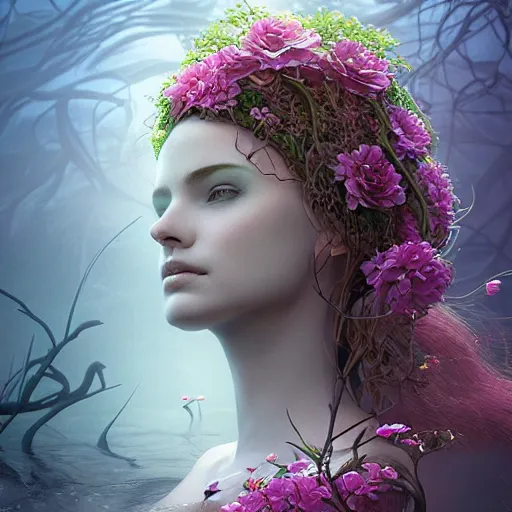 Prompt: ultra realistic 3 d render of a nature goddess made of vines and flowers rising out of the water by charlie bowater, beautiful, bioluminescent, ethereal, mist