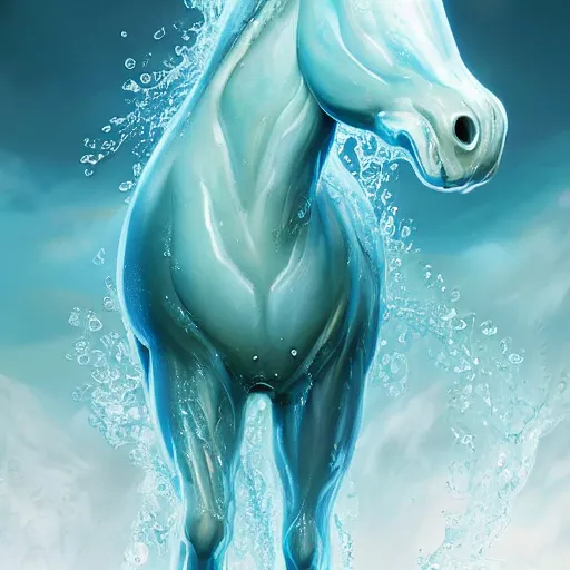 Prompt: a fantastical transparent small turquoise spirit horse made of water and foam and algae and ice, splashing water, wave, translucent, ethereal, noble, radiant, hyperalism, scottish folklore, digital painting, artstation, concept art, smooth, 8 k frostbite 3 engine, ultra detailed, art by artgerm and greg rutkowski and magali villeneuve