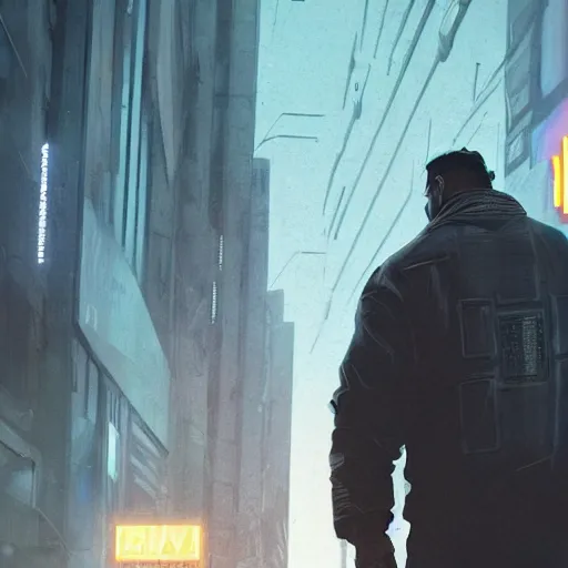 Image similar to A broad shouldered, large man in a techwear outfit, high quality, digital art, dire cyberpunk city, gray sky, neon signs in background, greg rutkowski