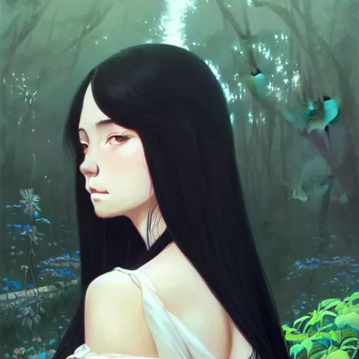 Prompt: a beautiful girl with long black hair, royal garden background, sharp focus, intricate, digital painting, artstation, highly detailed, ambient lighting, by Studio Ghibli, artgerm, Ilya Kuvshinov, and Greg Rutkowski