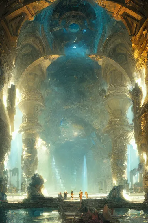 Image similar to inside of an atlantis palace, intricate, elegant, volumetric lighting, digital painting, highly detailed, artstation, sharp focus, illustration, concept art, ruan jia, steve mccurry