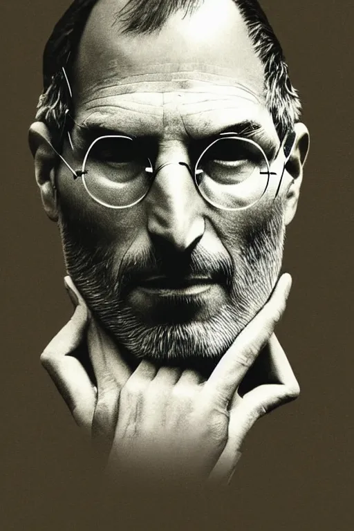 Image similar to steve jobs, outlaw, portrait, full body, symmetrical features, silver iodide, 1 8 8 0 photograph, sepia tone, aged paper, sergio leone, master prime lenses, cinematic