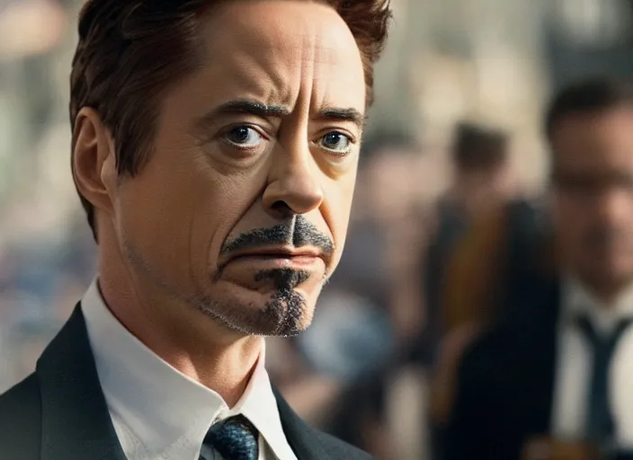 Image similar to film still of Robert Downey Jr as Cobb with the world bending in the background in Inception, 4k