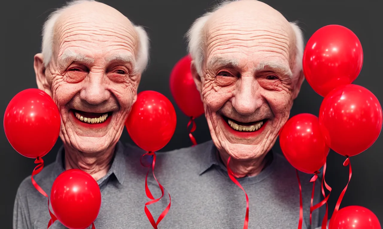 Prompt: waist up portrait of smiling old man with red balloons, highly detailed, digital painting, concept art, smooth, sharp focus, epic composition, award winning photography, gothic art, artstation, concept art, smooth and sharp focus, beautiful render, art by artgerm and wlop