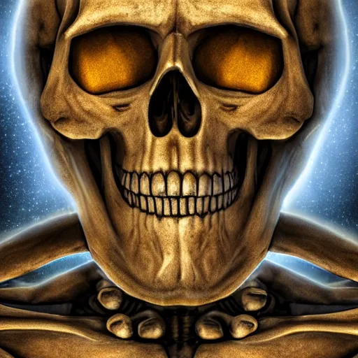 Image similar to Jesus Christ as skeleton inside an epicenter of a thermonuclear blast standing on the Earth sphere with radioactive rays to the sides, insane detail, photorealistic ultra high definition cinematic scene, sony a7r, 35mm