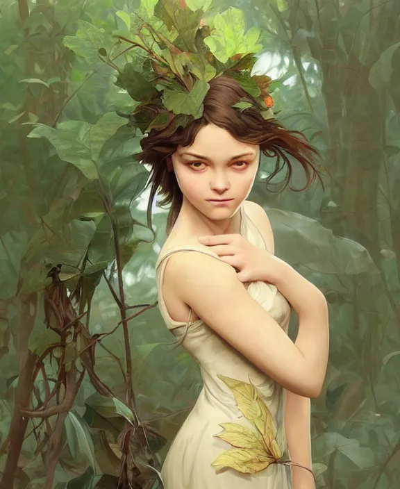 Prompt: teen girl in dress made of leaf, realistic portrait, highly detailed, digital painting, artstation, concept art, smooth, sharp focus, illustration, cinematic lighting, art by artgerm and greg rutkowski and alphonse mucha and boris vallejo and frank frazetta