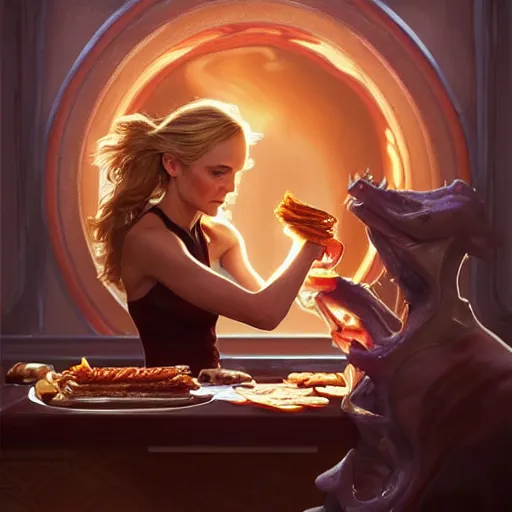 Prompt: Diane Kruger eating cheesesteaks, dripping BBQ Sauce, serving burgers, D&D, spilling ketchup, fantasy, intricate, elegant, highly detailed, digital painting, artstation, concept art, matte, sharp focus, illustration, hearthstone, art by Artgerm and Greg Rutkowski and Alphonse Mucha