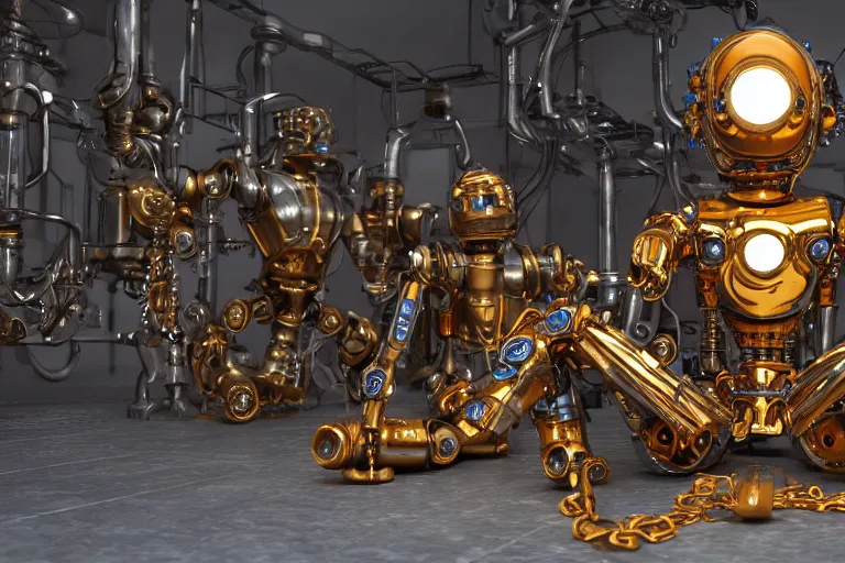 Image similar to a golden and blue metal humanoid steampunk robots wearing and gears and tubes is sitting on the ground, meditation, eyes are glowing red lightbulbs, shiny crisp finish, 3 d render, 8 k, insaneley detailed, fluorescent colors