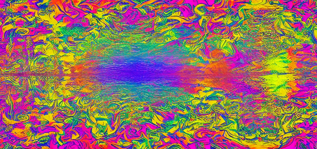 Image similar to a psychedelic album cover of a trippy lake surrounded by abstract flowers, an arch emerging from the water made of golden fabric, thin - film interference