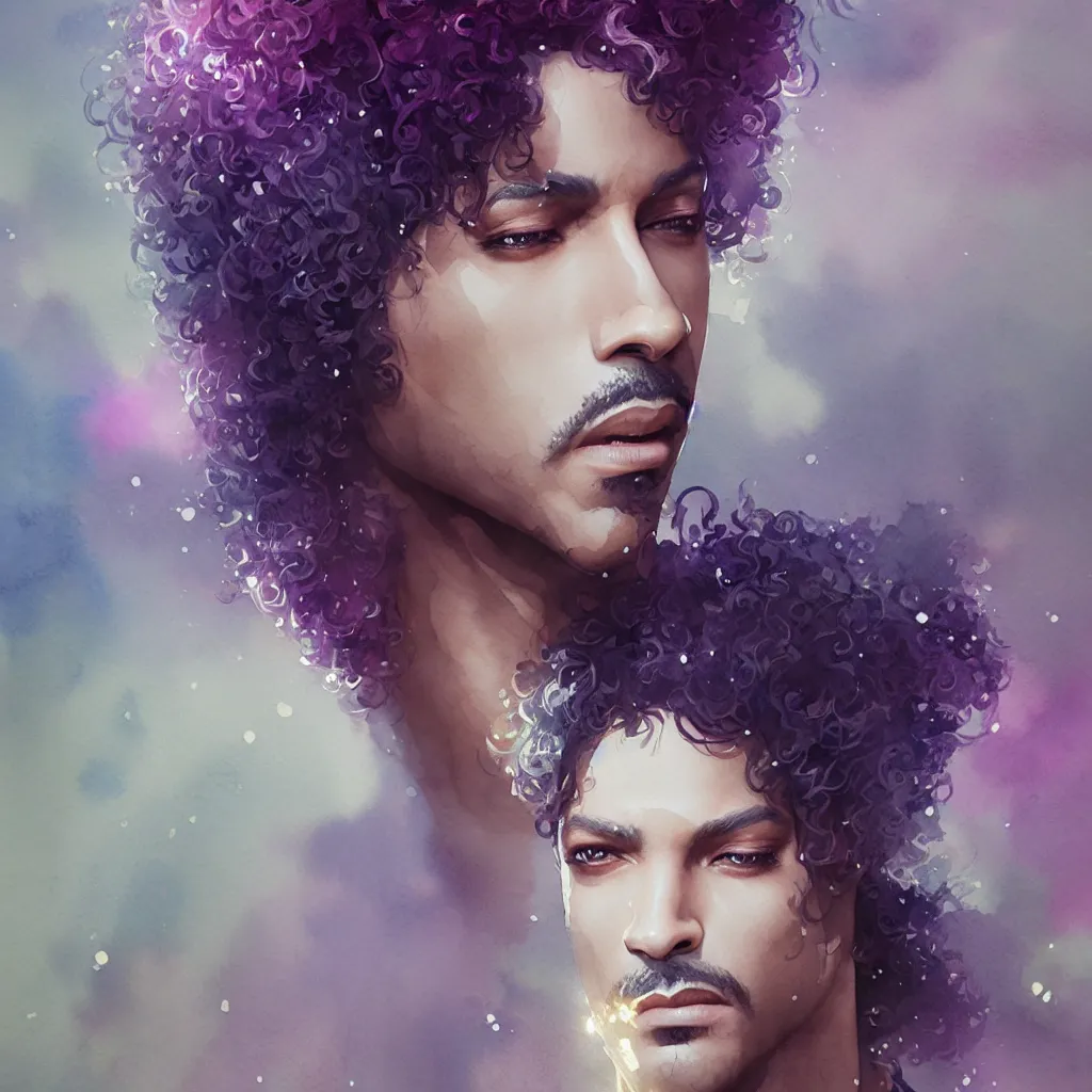 Image similar to beautiful watercolor painting of prince, intricate, elegant, highly detailed, digital painting, artstation, concept art, smooth, sharp focus,, dynamic lighting, ultrarealistic, cinematic, octane render, 8 k