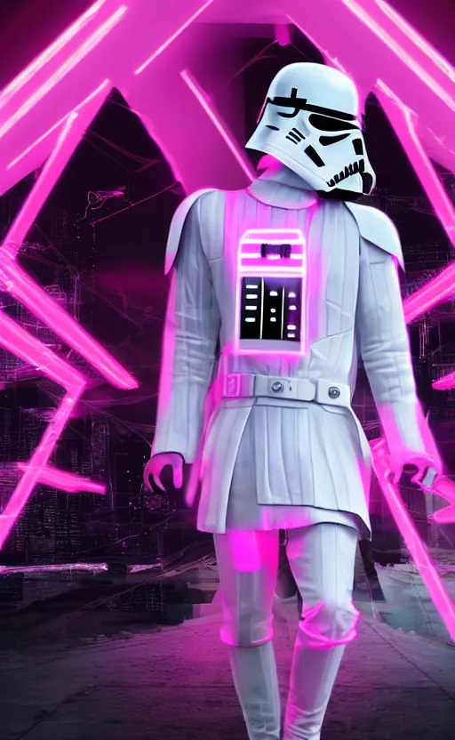 Image similar to white darth vader synth wave retro wave vapor wave white and pink lighting and clothes and tech cyberpunk style ultra realistic high quality highly detailed 8 k