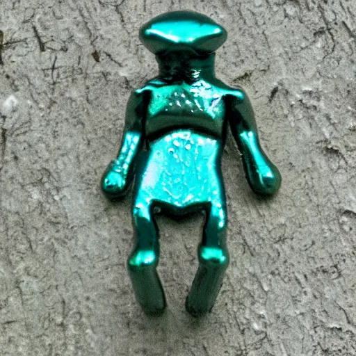 Image similar to tiny microscopic teal green cyan arcturian annunaki liquid metal bismuth andromedan martian telosian alien humanoid creature jammed in a crack 5 5 mm photography footage slightly glowing, ominous