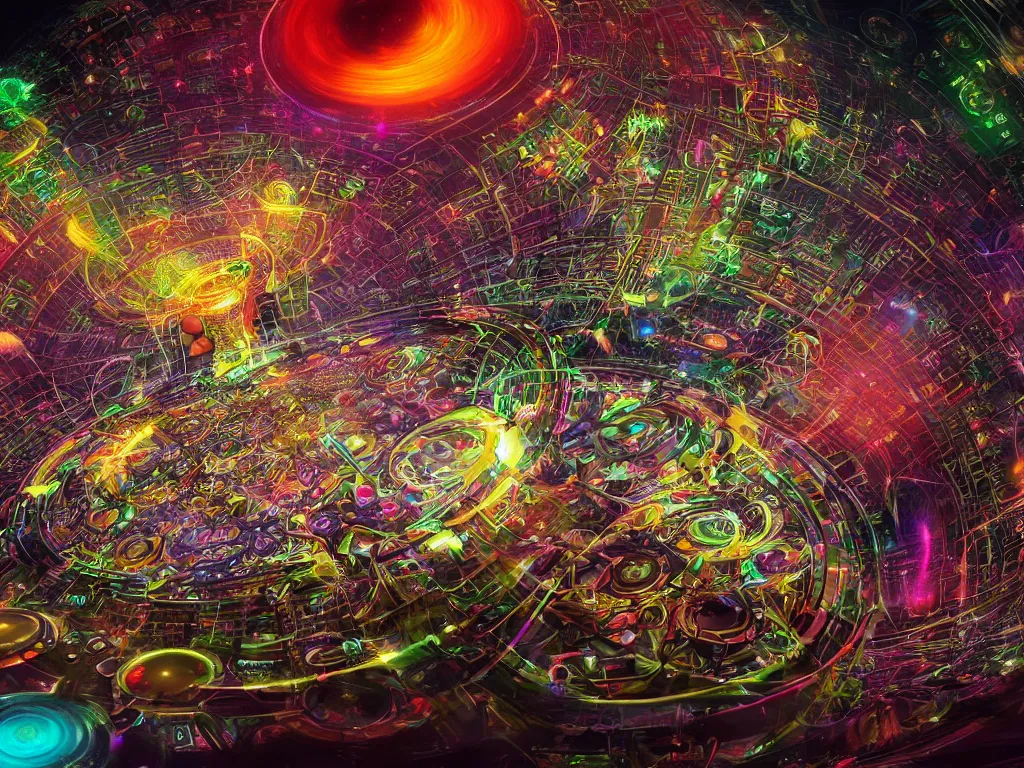 Image similar to an incredible masterpiece of a mystical dj playing a vast array of highly evolved and complex musical technology surrounded by an incredible and complex circular structure in the cosmos, by android jones, octane render, 8 k