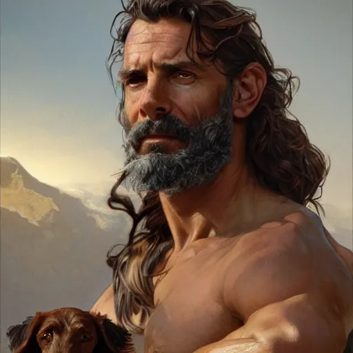 Image similar to portrait of a rugged greek god with the head of a wirehaired dachshung, salt and pepper hair, soft hair, d & d, muscular, fantasy, intricate, elegant, highly detailed, digital painting, artstation, concept art, smooth, sharp focus, illustration, art by artgerm and greg rutkowski and alphonse mucha