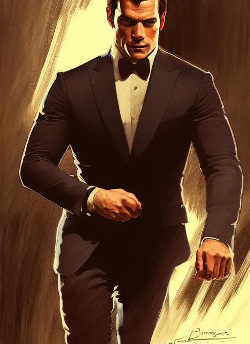 Image similar to portrait of henry cavill as james bond, casino, key art, running, highly detailed, digital painting, artstation, concept art, cinematic lighting, sharp focus, illustration, by gaston bussiere alphonse mucha