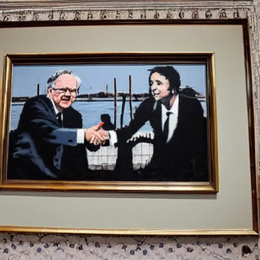 Image similar to A photograph of a Banksy painting of Warren Buffet and Paul McCartney in Venice