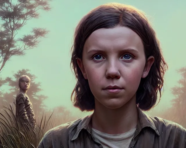 Image similar to highly detailed portrait of millie bobby brown, in the walking dead, stephen bliss, unreal engine, fantasy art by greg rutkowski, loish, rhads, ferdinand knab, makoto shinkai and lois van baarle, ilya kuvshinov, rossdraws, tom bagshaw, global illumination, radiant light, detailed and intricate environment