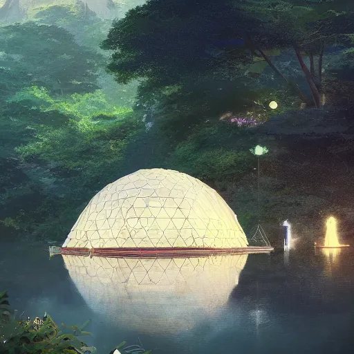 Prompt: geodesic dome in front of a lake with gardens and waterfall, gapmoe kuudere moody lighting stunning bokeh highlights sharp contrast | trending pixiv fanbox | by greg rutkowski makoto shinkai takashi takeuchi studio ghibli