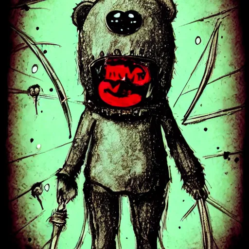 Image similar to dark art cartoon grunge drawing of a teddy bear with a duct taped mouth playing with with toys with bloody eyes by tim burton - loony toons style, horror theme, detailed, elegant, intricate, trending on art station