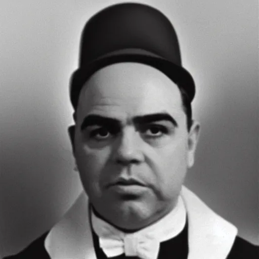 Image similar to an old mugshot of Al Capone, he is wearing a white tuxedo with a bowtie, he is smirking