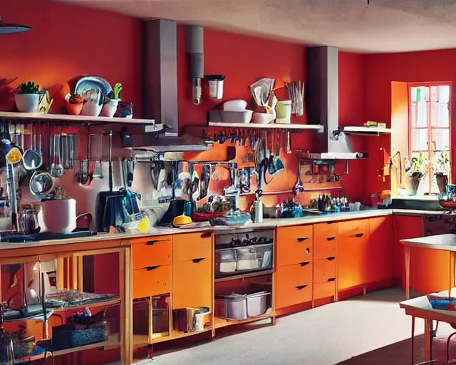 Prompt: IKEA catalogue photo of a cyberpunk farmhouse kitchen, by Alex Grey