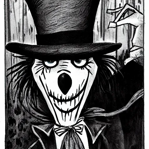 Image similar to a Pop Wonder scary horror themed goofy-hilarious-character Babadook-scarecrow-madhatter-williewonka-wearing a scarf, 3-piece-suit, dime-store-comic drawn with charcoal and pen and ink, half-tone-line-stacking