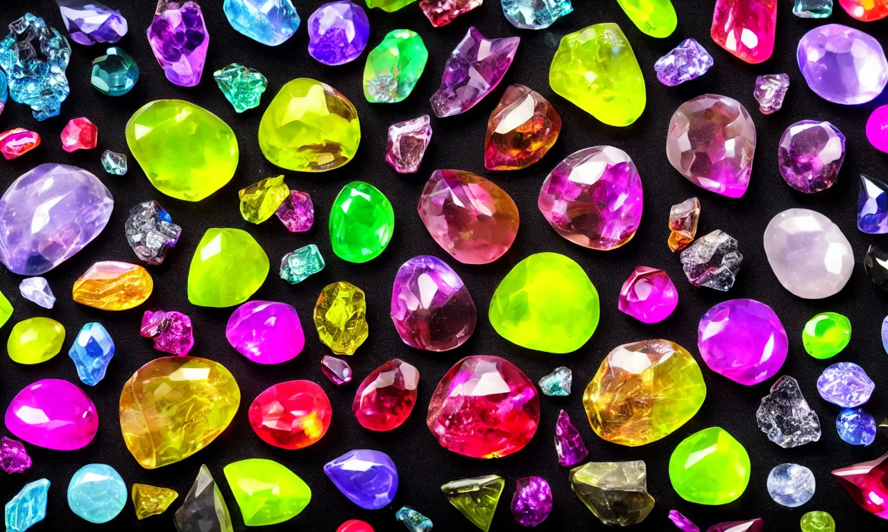 Prompt: material study, strange exotic gemstones, translucent, fluorescent, glowing, beautiful, low light, colorful, sharp focus, highly detailed, 4 k, black background
