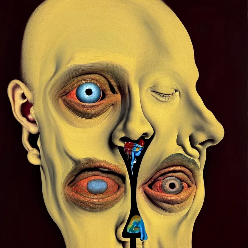Prompt: a face coming out of a face coming out of a face, recursion, surreal, by salvador dali and david firth, oil on canvas, weird, dreams, soft lighting, warm colors