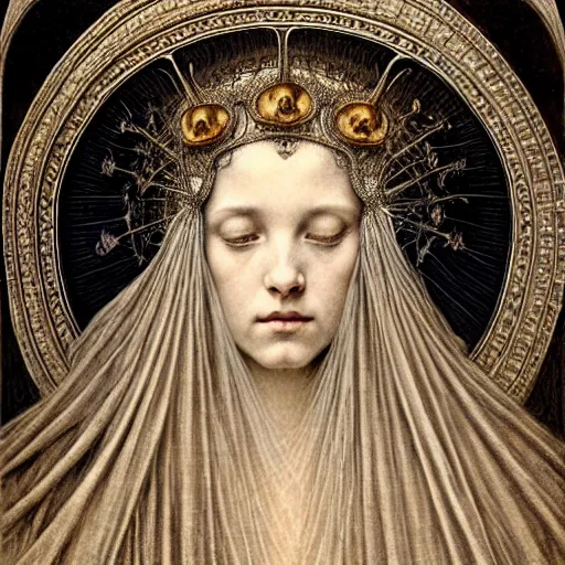 Image similar to detailed realistic beautiful young medieval queen face portrait by jean delville, gustave dore, iris van herpen and marco mazzoni, art forms of nature by ernst haeckel, art nouveau, symbolist, visionary, gothic, pre - raphaelite, horizontal symmetry, fractal lace