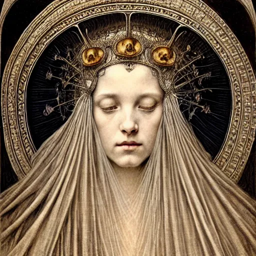 Prompt: detailed realistic beautiful young medieval queen face portrait by jean delville, gustave dore, iris van herpen and marco mazzoni, art forms of nature by ernst haeckel, art nouveau, symbolist, visionary, gothic, pre - raphaelite, horizontal symmetry, fractal lace